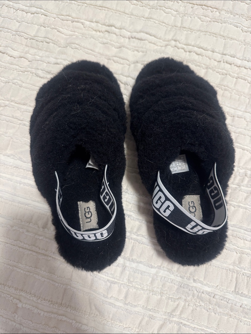 UGG Black Fluff Slip-On Slides with Branded Heel Strap